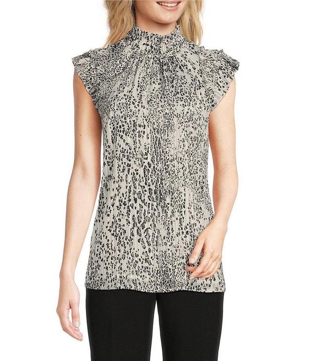 Calvin Klein Petite Size Printed Chiffon Mock Neck Ruffle Cap Sleeve Top Product Image