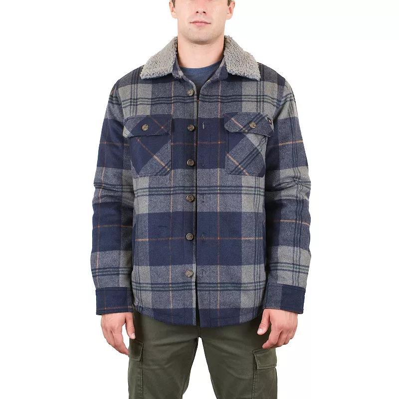 Mens Mountain and Isles Button Front Coat with Faux Sherpa Collar Grey Navy Plaid Product Image