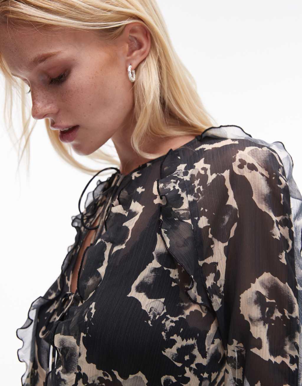 Topshop ruffle sleeve sheer tie front top in mono floral print Product Image