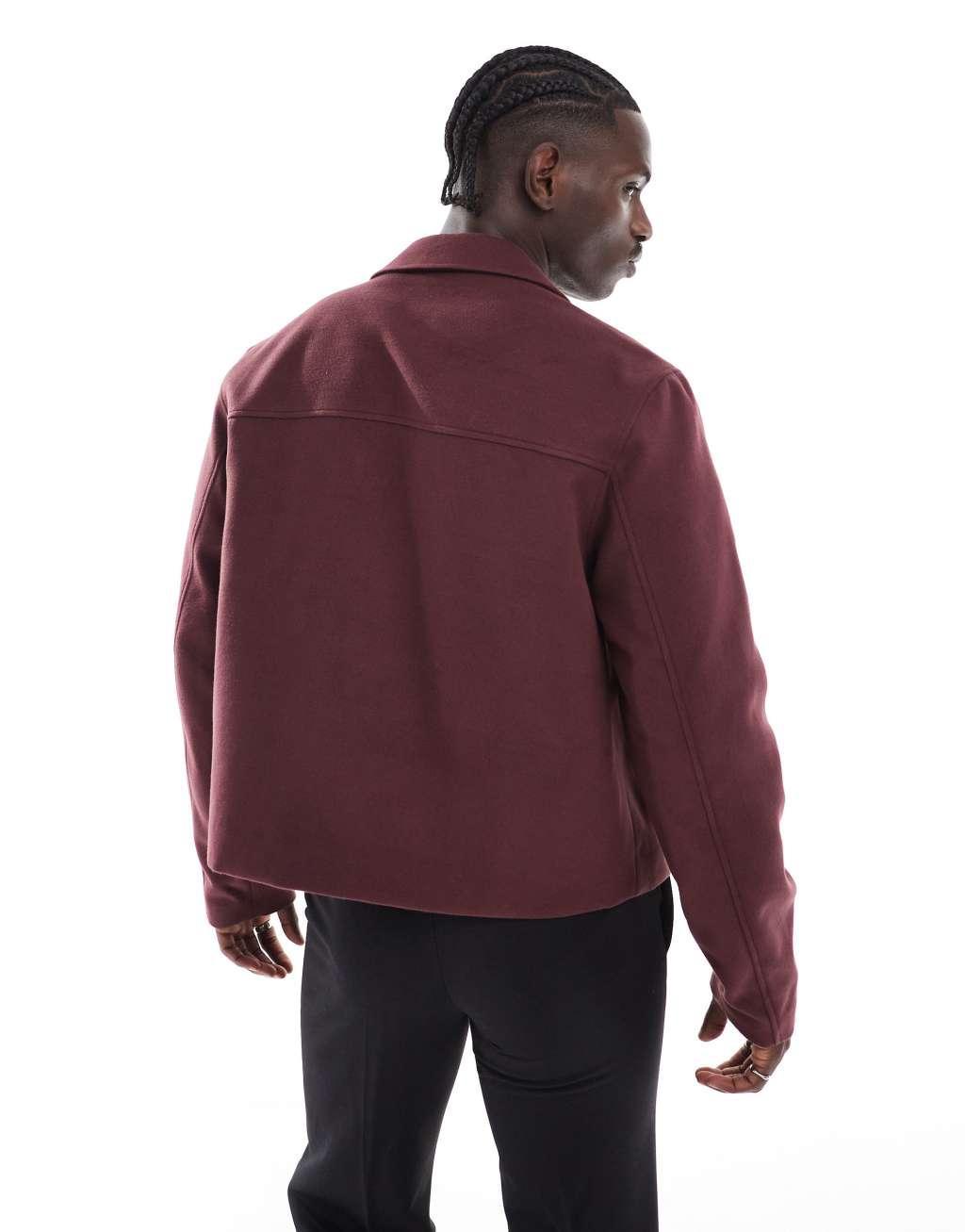 ASOS DESIGN wool look cropped harrington jacket in burgundy Product Image