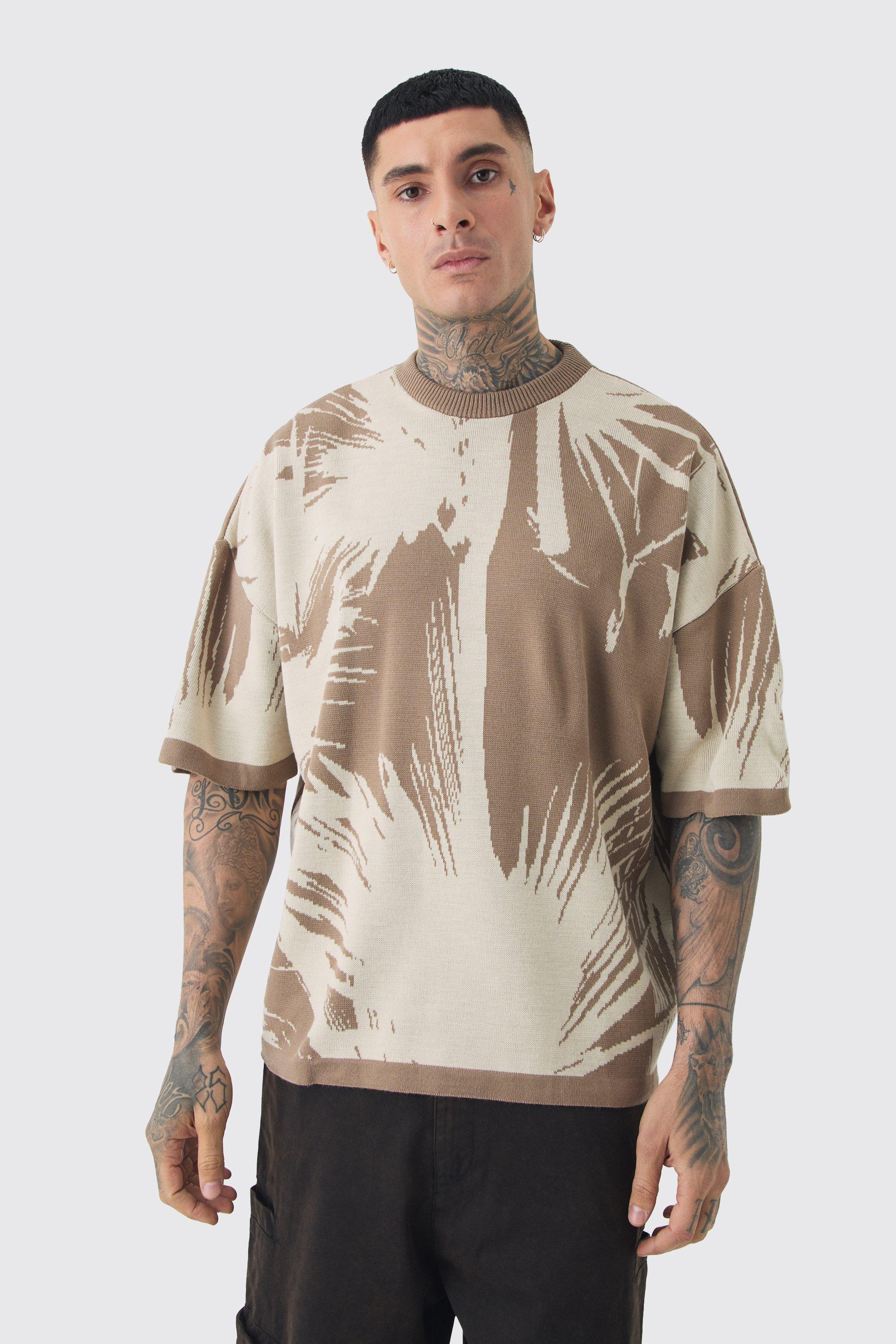 Tall Oversized Tonal Abstract Drawing Knitted T-shirt | boohooMAN USA Product Image