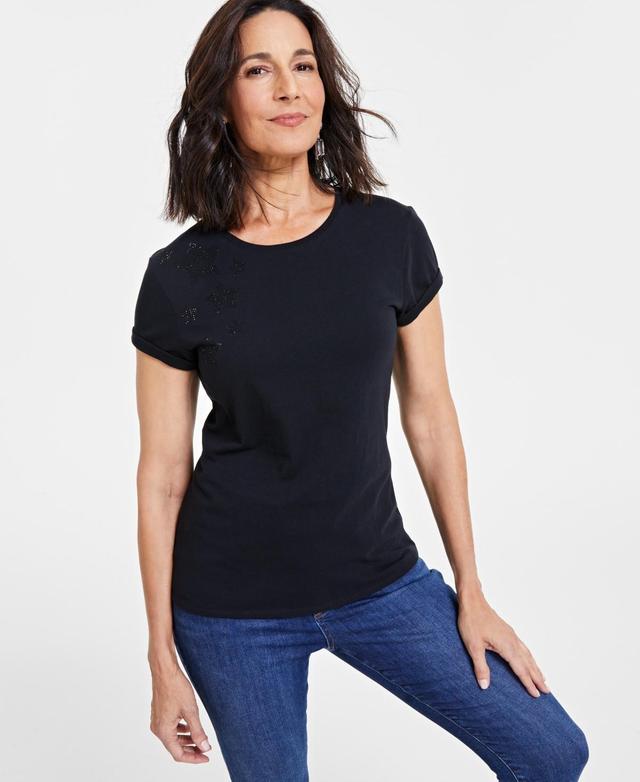 I.n.c. International Concepts Womens Cotton Embellished-Star Tee, Created for Macys Product Image