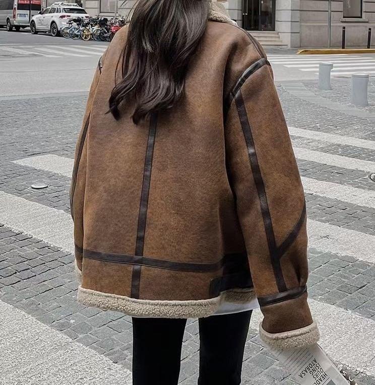 Long Sleeve Lapel Neck Faux Shearling Coat Product Image