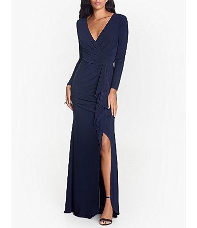 Betsy & Adam Cascade Ruffle Long Sleeve Stretch Jersey Gown Product Image