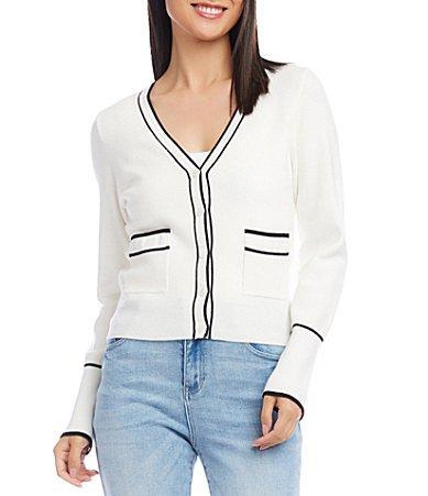 Karen Kane Rib Knit Contrast Trim V-Neck Long Sleeve Patch Pocket Button Product Image