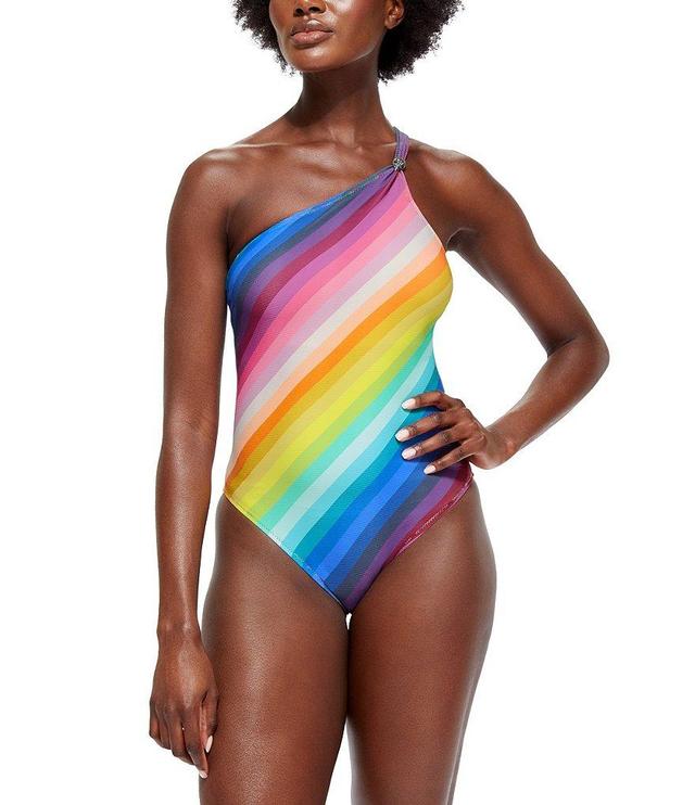 Kurt Geiger London Kensington Rainbow Stripe One Shoulder High-Cut Leg One Piece Swimsuit Product Image