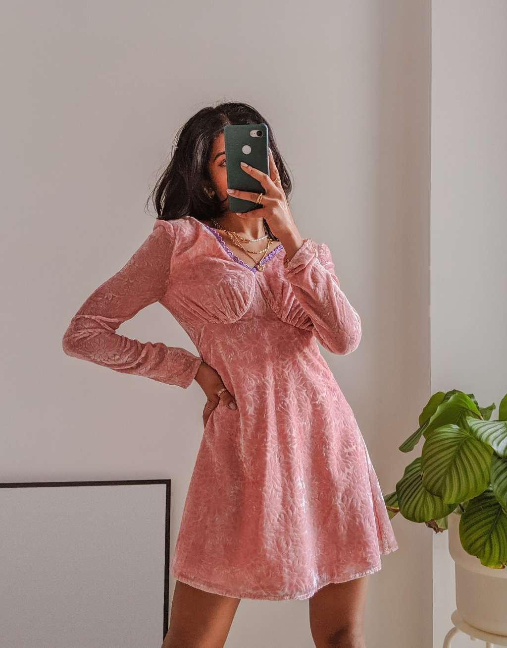 Labelrail x Pose and Repeat long sleeve mini tea dress in pink burnout velvet Product Image