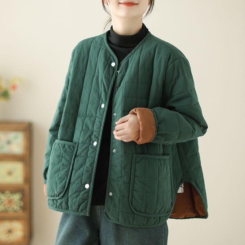 V-Neck Plain Quilted Button Jacket Product Image