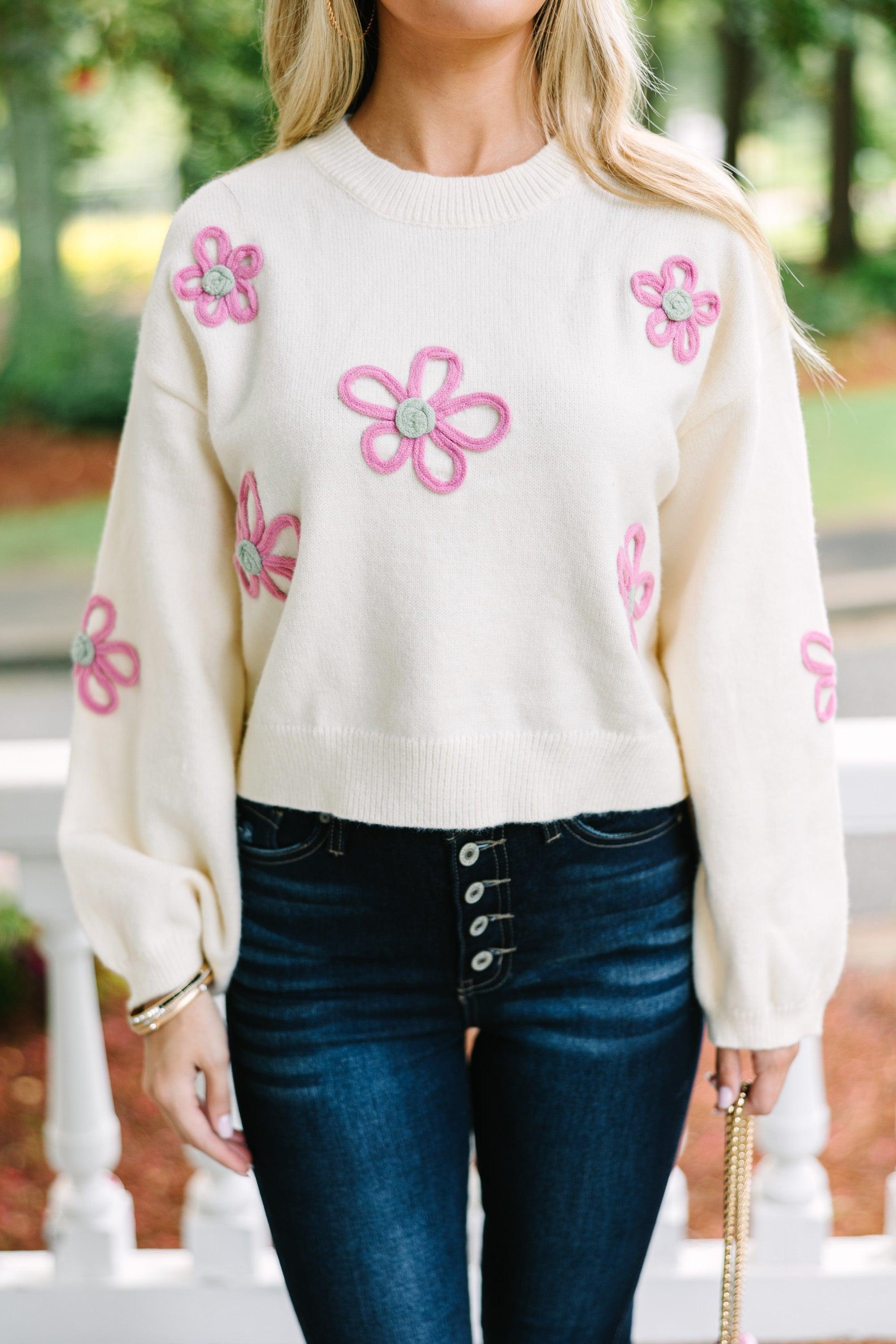 Feeling Femme Cream White Floral Sweater Female Product Image