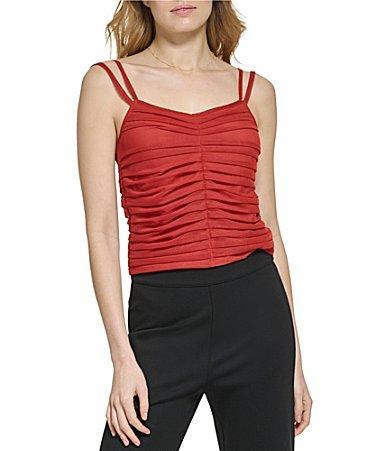 DKNY V-Neck Sleeveless Spaghetti Ruched Detail Mesh Knit Top Product Image