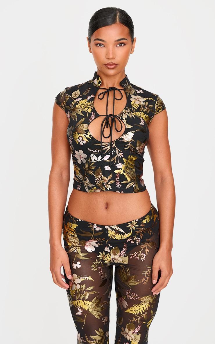 Black Floral Foil Printed Mesh Band Collar Crop Top Product Image