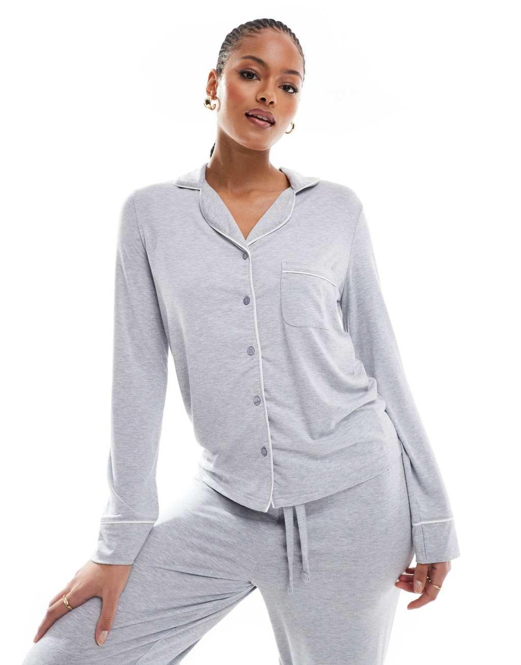 ASOS DESIGN Tall super soft long sleeve shirt & pants pajama set with contrast piping in gray heather Product Image