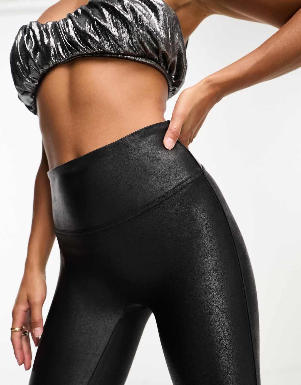 Spanx Petite leather look legging with contoured power waistband in black Product Image