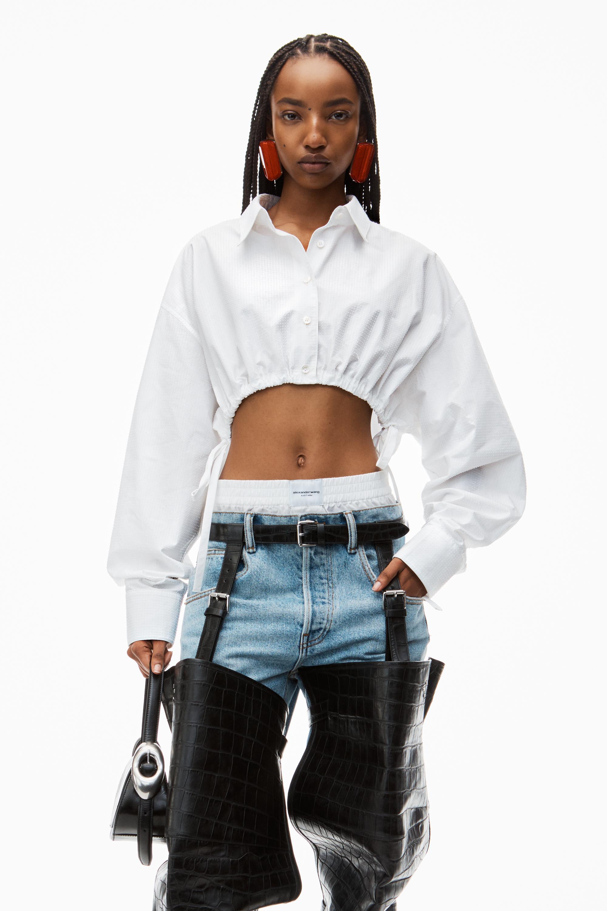 Cropped Drawstring Blouse In Cotton & Crystal Hotfix Poplin Product Image