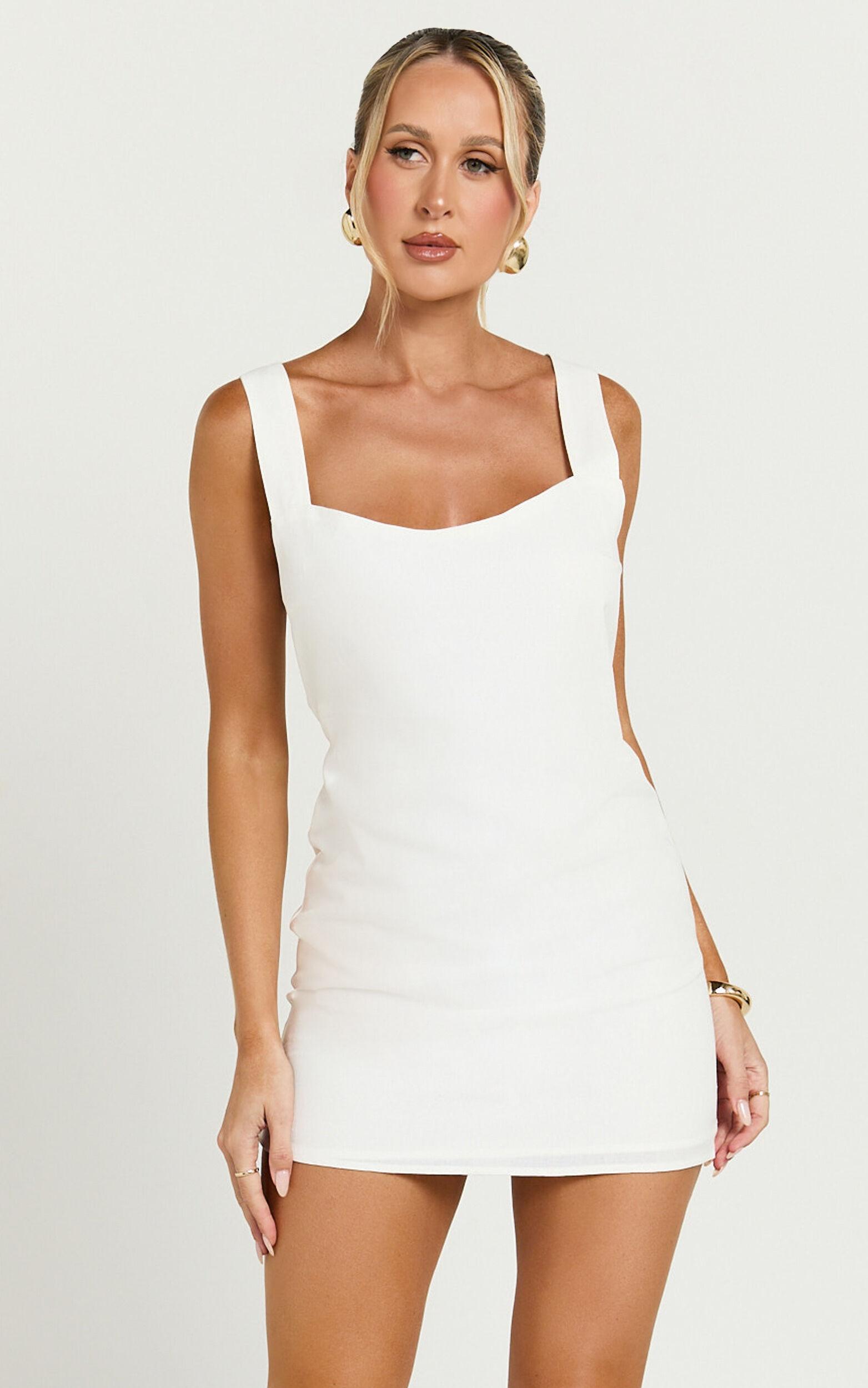 Kat Mini Dress - Linen Look Square Neck Dress in Off White Product Image