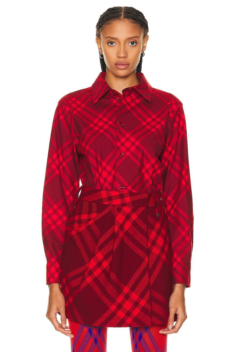 Burberry Long Sleeve Check Shirt in Red Product Image