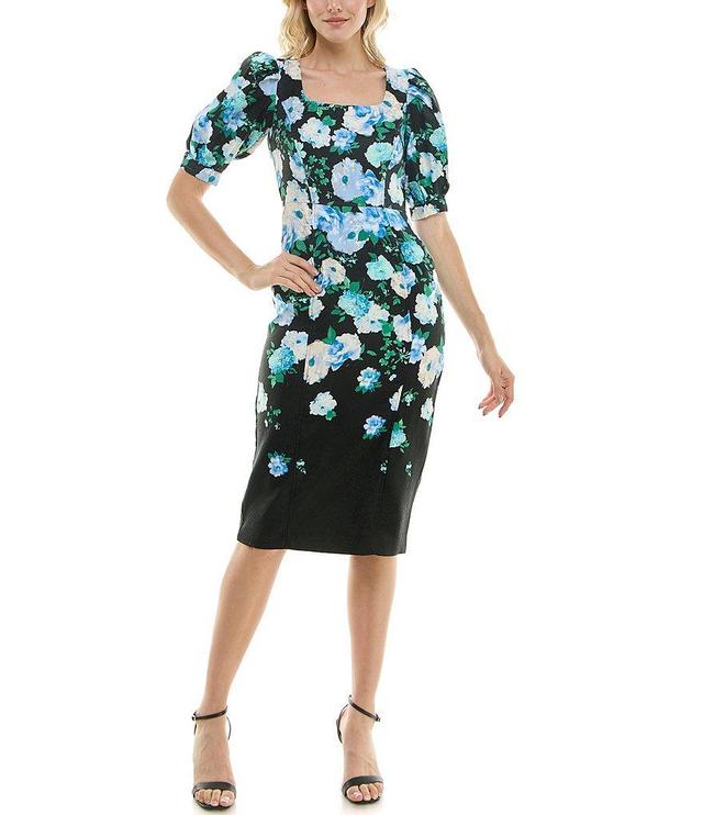 Maison Tara Puff Elbow Sleeve Square Neck Floral Jacquard Sheath Dress Product Image