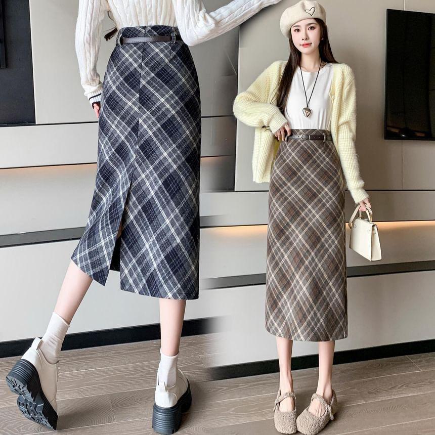 High Waist Plaid Midi A-Line Skirt product image