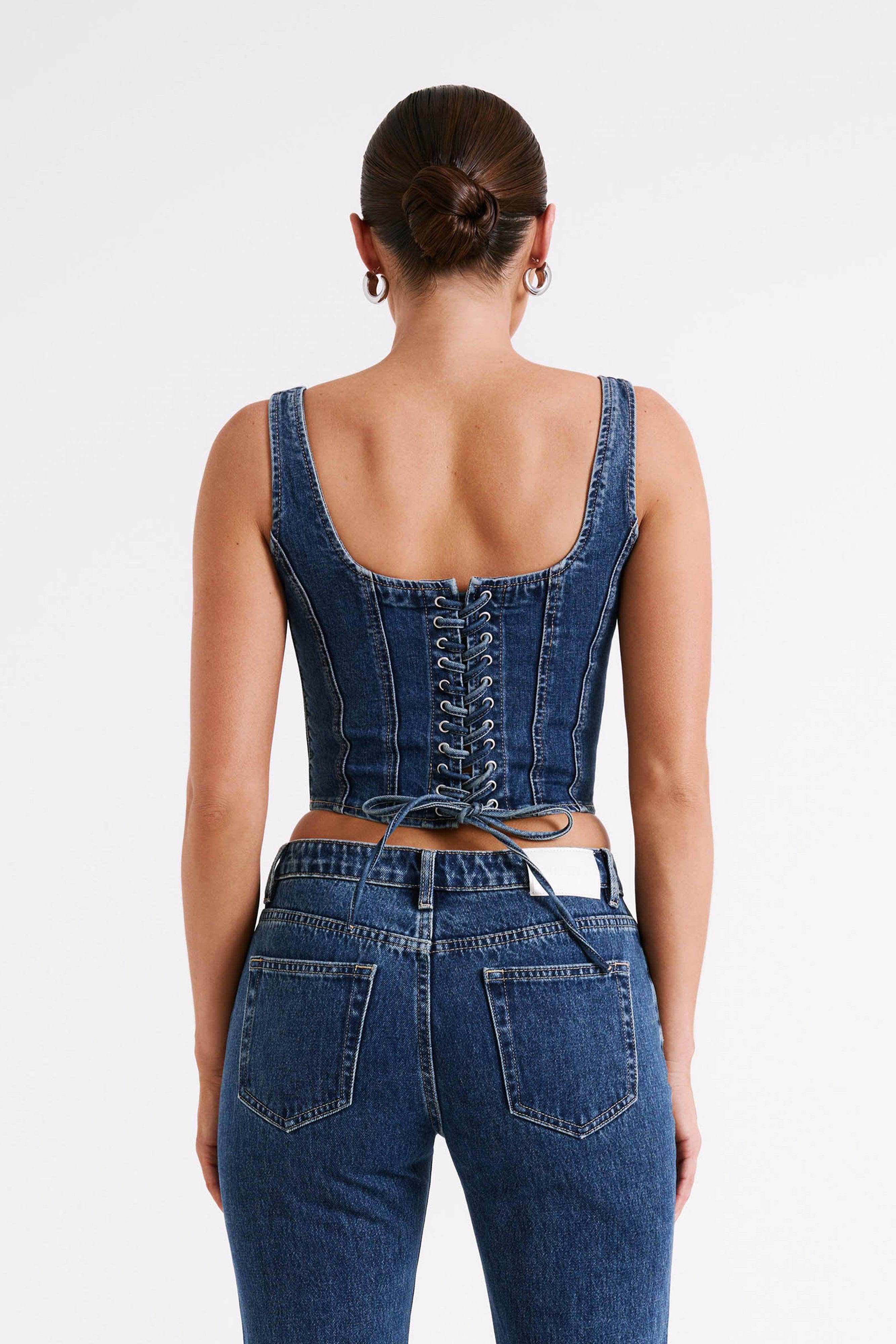 Bianca Denim Lace Up Corset - Dark Blue Product Image