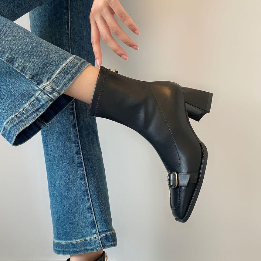 Block Heel Faux Leather Buckled Short Boots Product Image