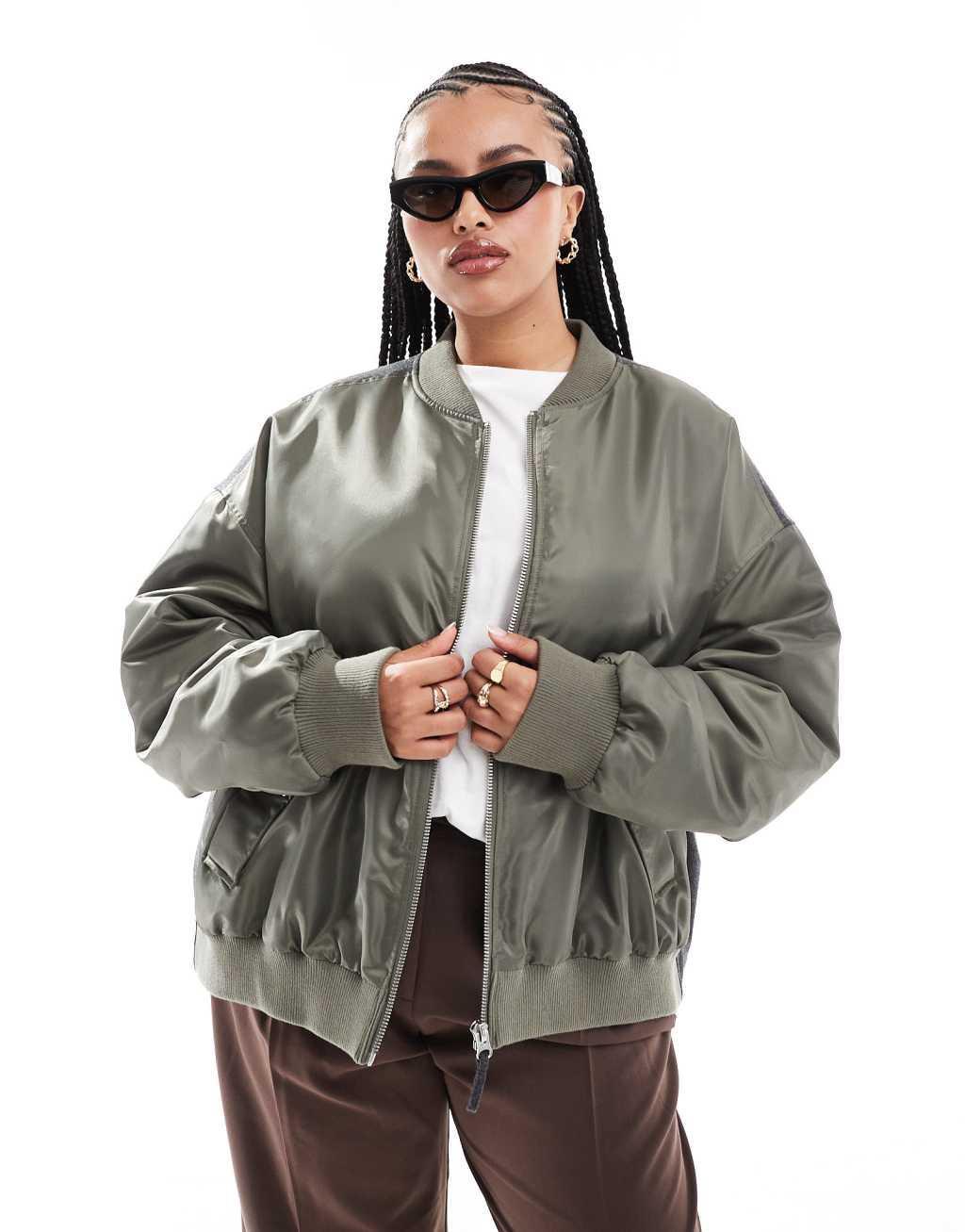 ASOS DESIGN Curve spliced bomber jacket in khaki and gray Product Image