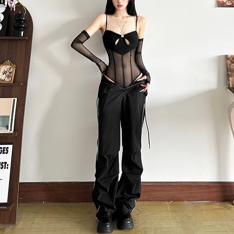 Spaghetti Strap Plain Cutout Panel Bodysuit Top Product Image