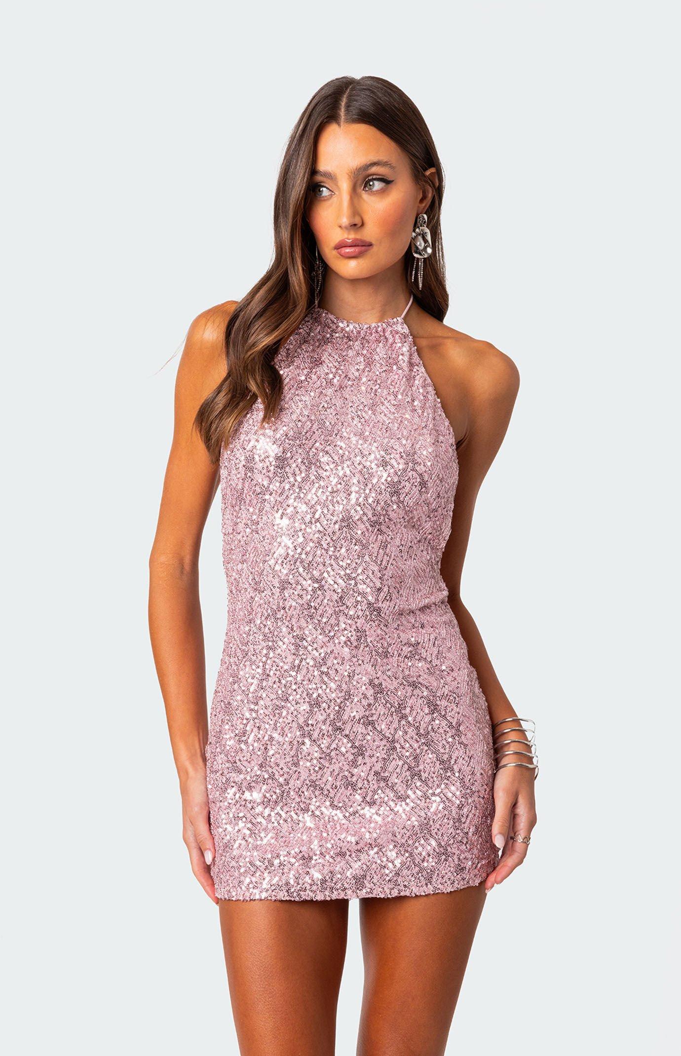 Edikted Women's Sequin Open Back Halter Mini Dress Product Image