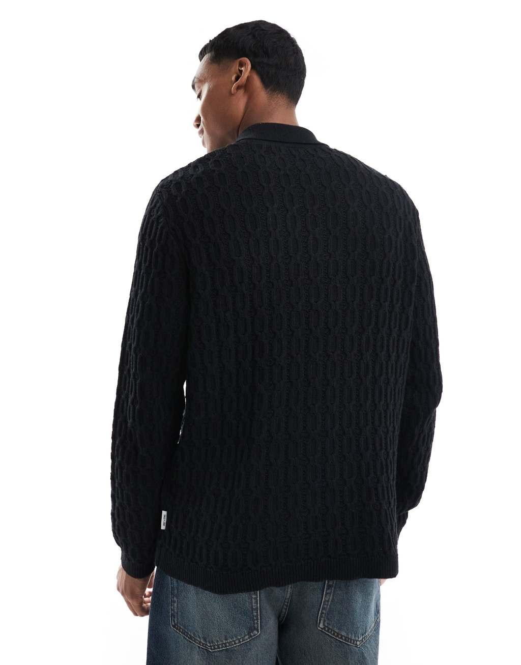 ONLY & SONS long sleeve knit polo in black Product Image