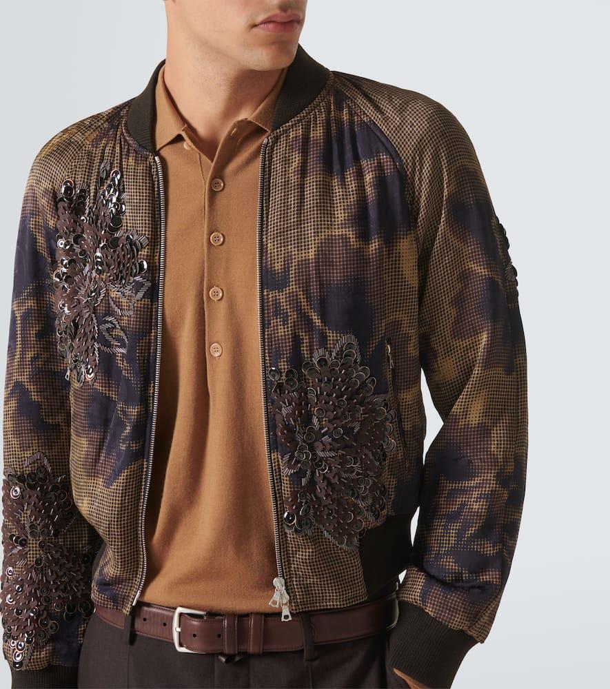 Mens Brown Bead-embellished Abstract-pattern Regular-fit Woven Bomber Jacket Product Image