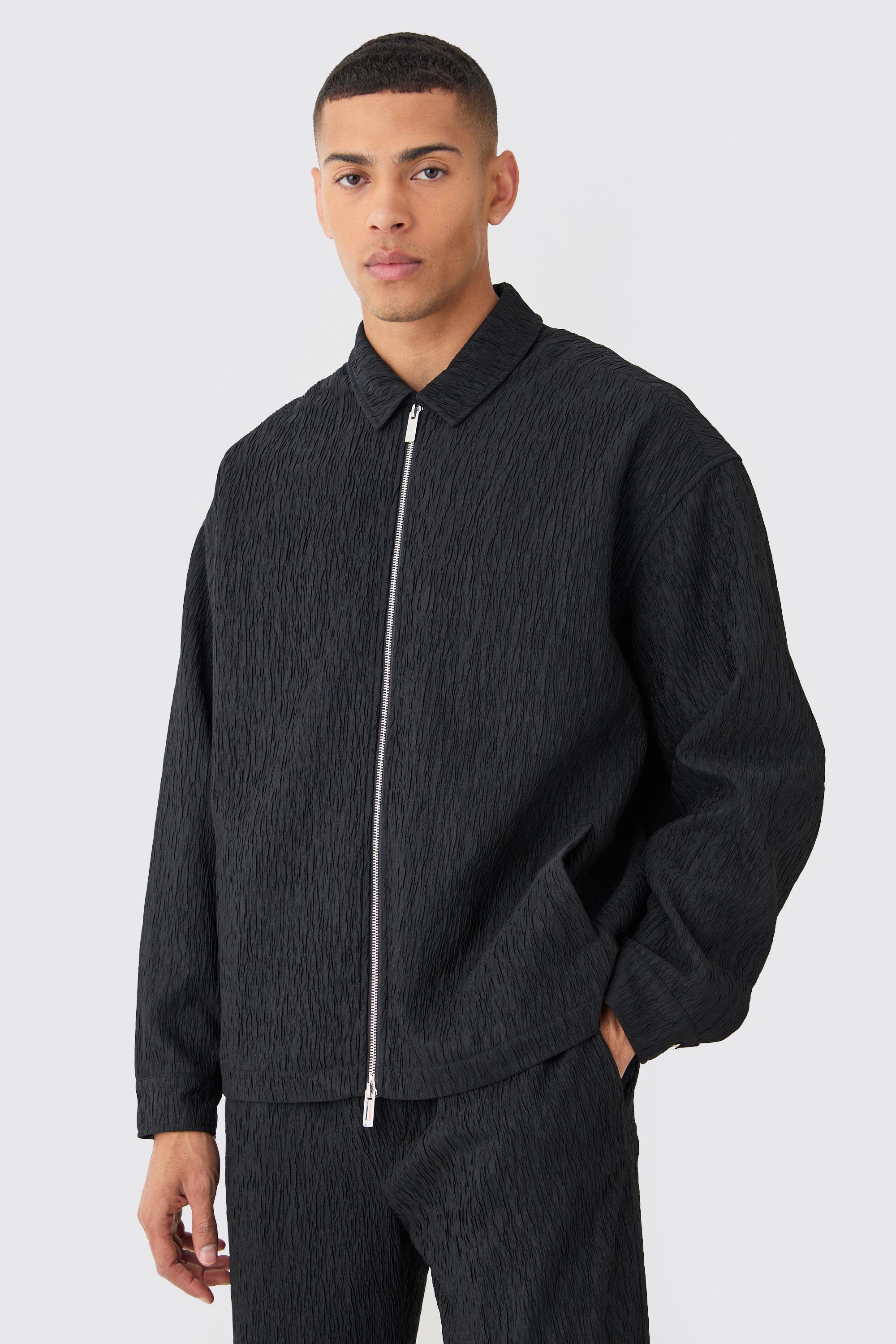 Textured Satin Zip Up Harrington Jacket | boohooMAN USA Product Image