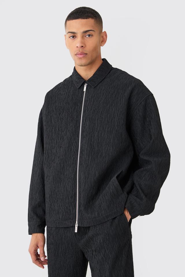 Mens Black Textured Satin Zip Up Harrington Jacket, Black Product Image