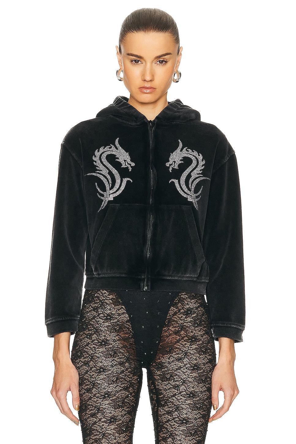 Alexander Wang Shrunken Zip Up Hoodie With Crystal Dragon Hotfix in Charcoal Product Image