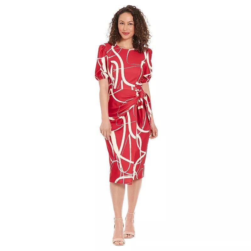 Womens London Times Puff Sleeve Midi Sarong Wrap Dress Red Ivory Product Image