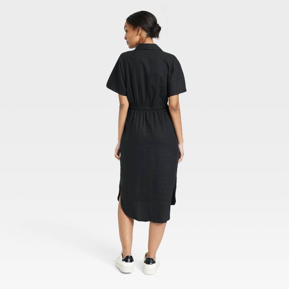 Womens Short Sleeve Linen Midi Shirtdress - A New Day Black Product Image