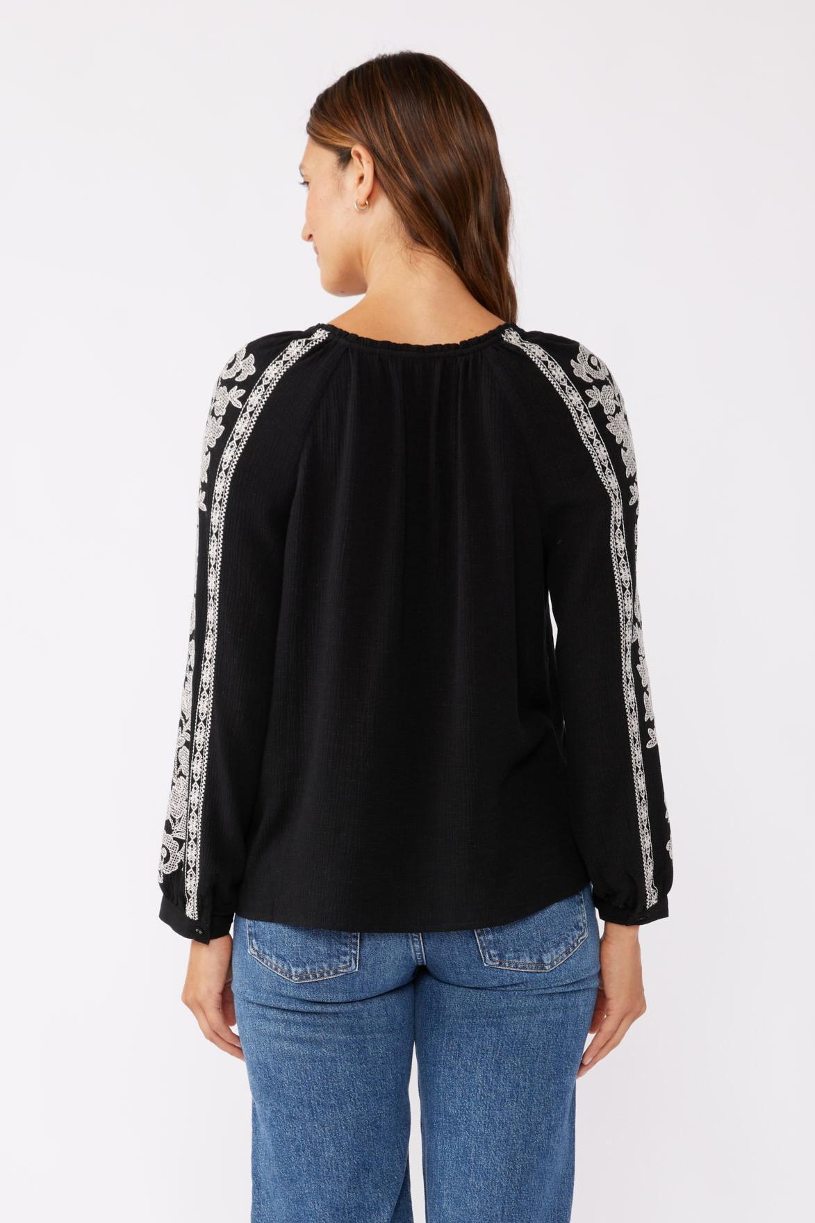 Embroidered Long Sleeve V-Split Neck Top Product Image