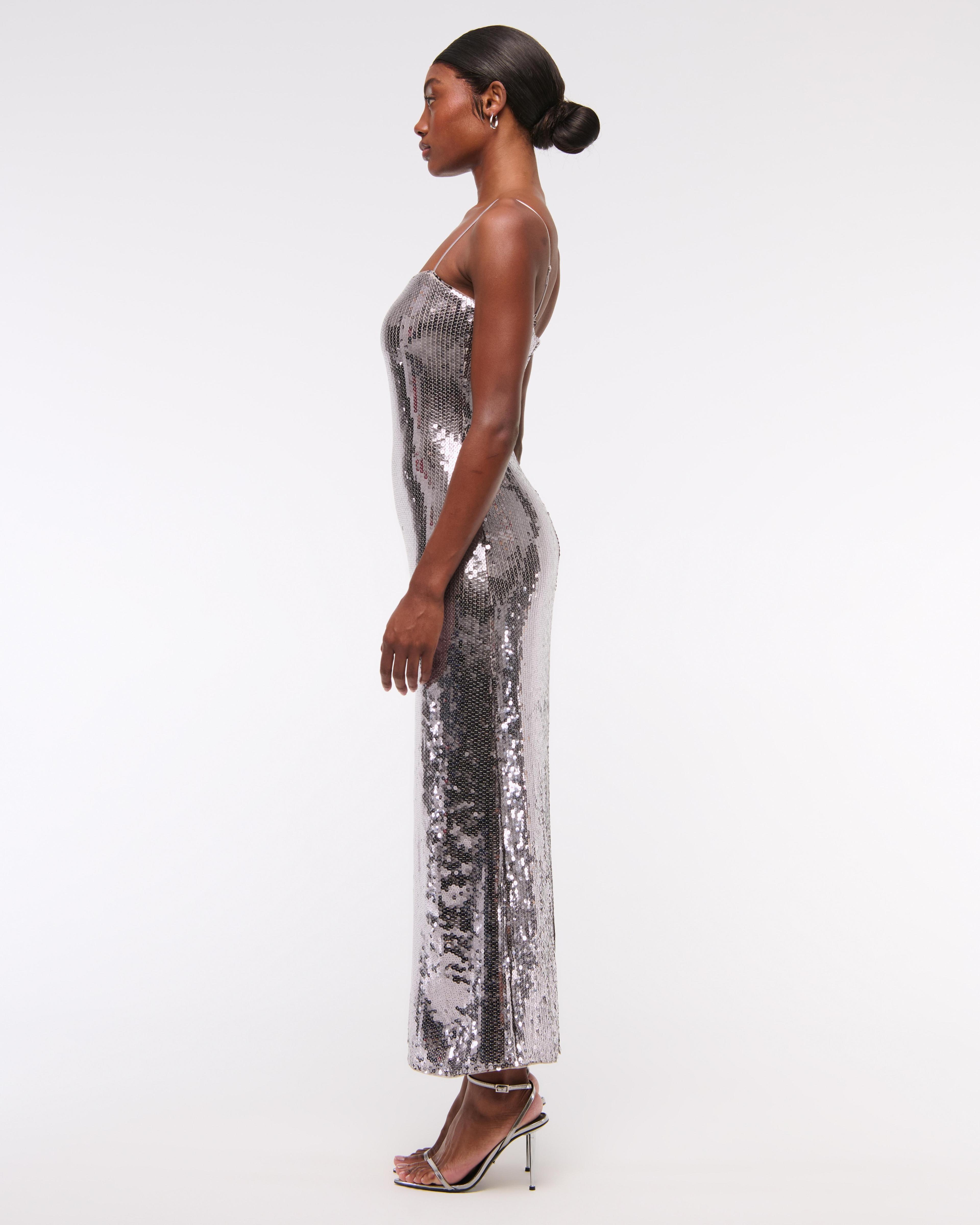 Straight Neck Sequin Midi Dress Product Image