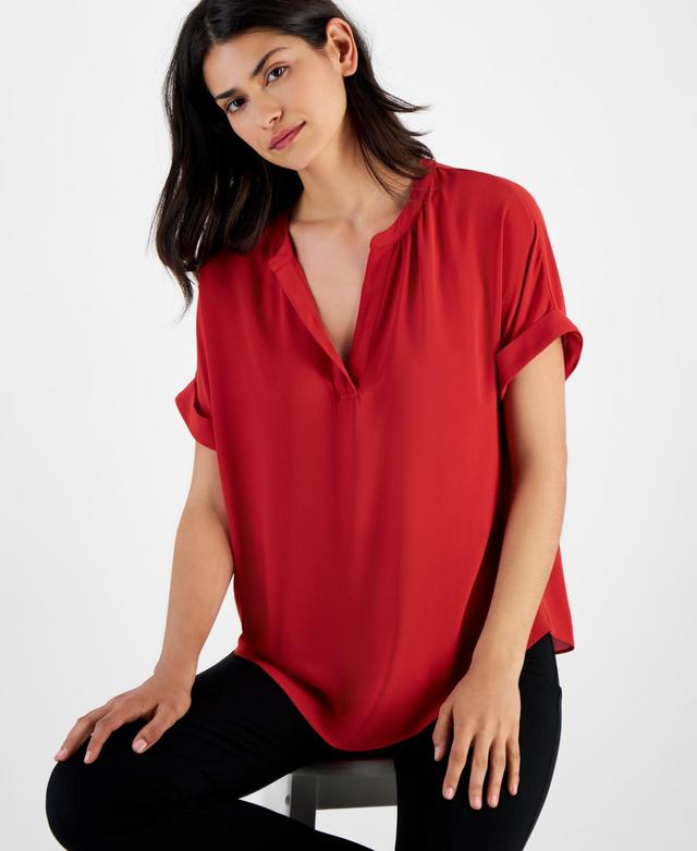 T Tahari Womens Split-Neck Rolled-Cuff Top Product Image