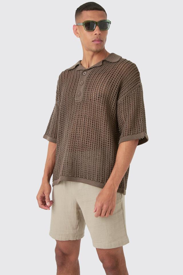 Mens Brown Oversized Open Stitch Deep Revere Knit Polo, Brown Product Image