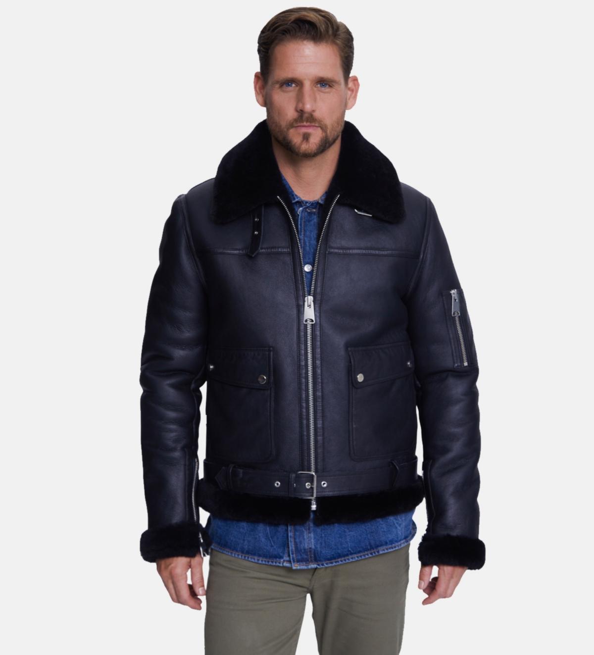 Mens Shearling Belted Pilot Jacket, Silky Black Wool - Black Product Image