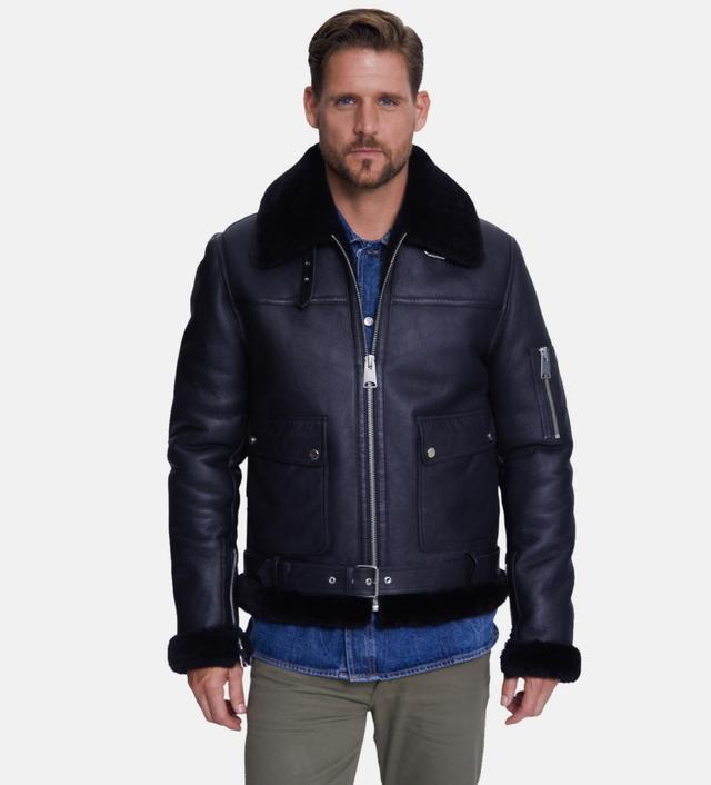 Mens Shearling Belted Pilot Jacket, Silky Black Wool - Black Product Image