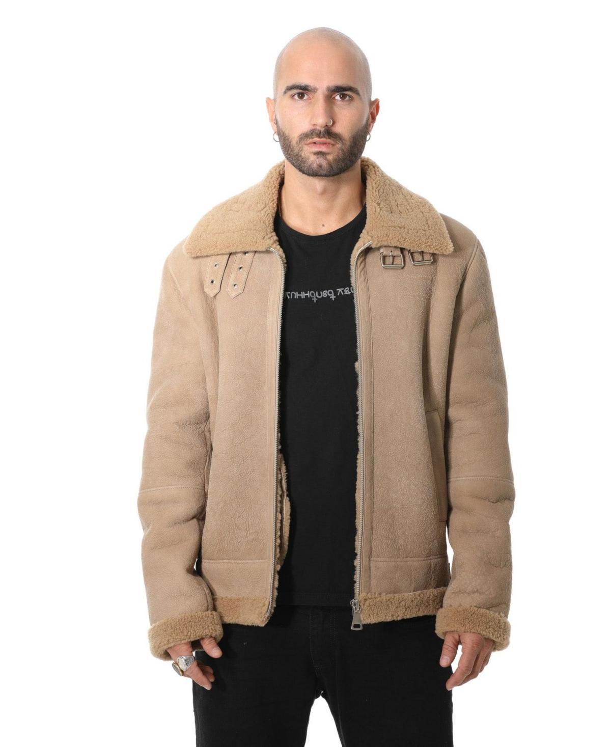 Furniq Uk Mens Shearling Raf B3 Aviator Jacket, Washed Camel Curly Wool Product Image