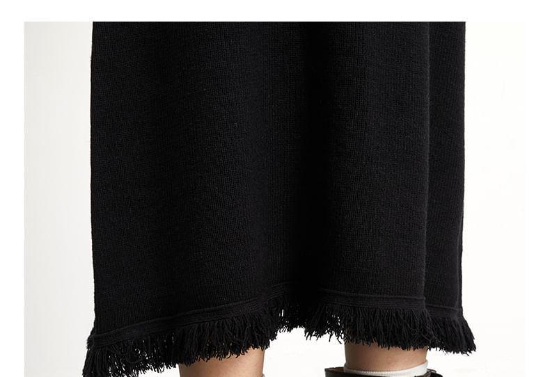 High Waist Plain Frayed Ribbed Knit Midi A-Line Skirt Product Image