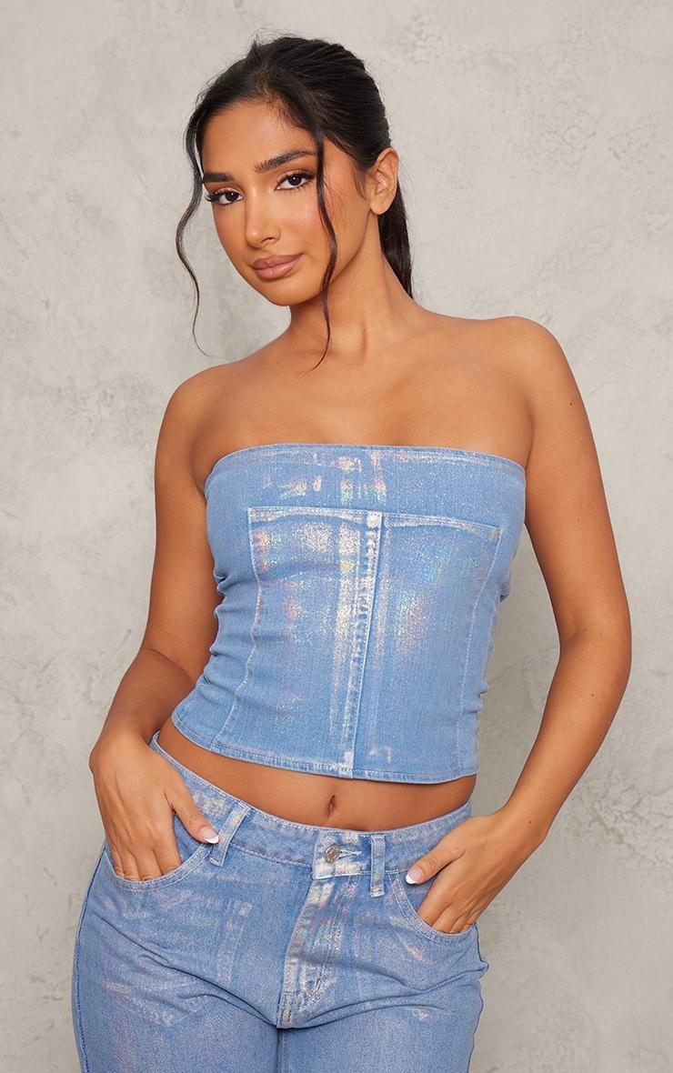 Petite Blue Iridescent Metallic Denim Panel Long Top product image