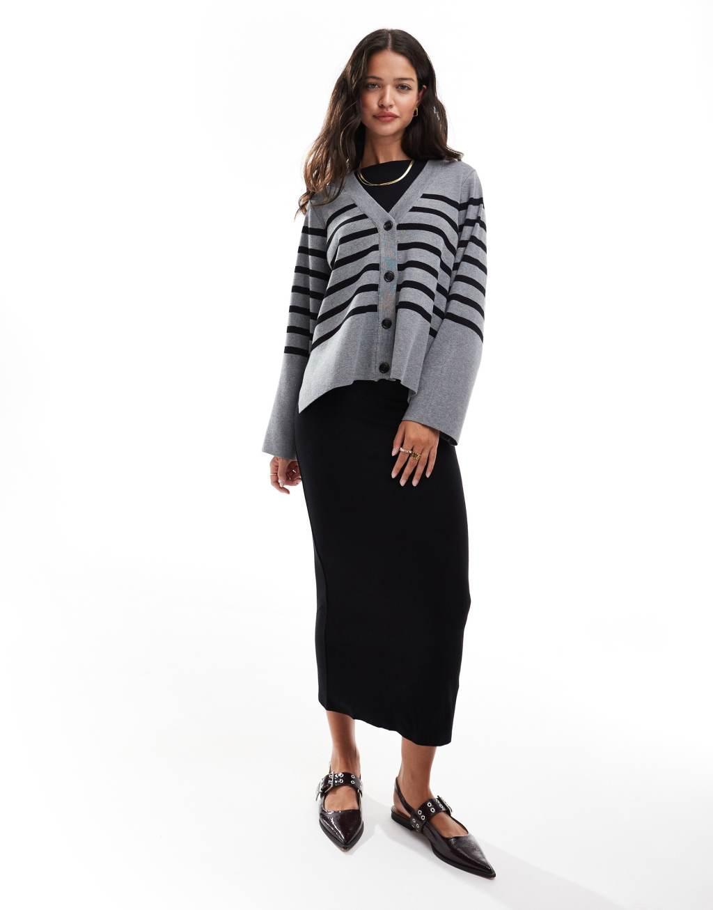 Object button through knit cardigan in gray with black stripe Product Image