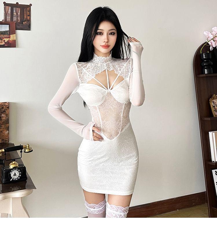 Long-Sleeve Cutout Lace Mini Bodycon Dress Product Image