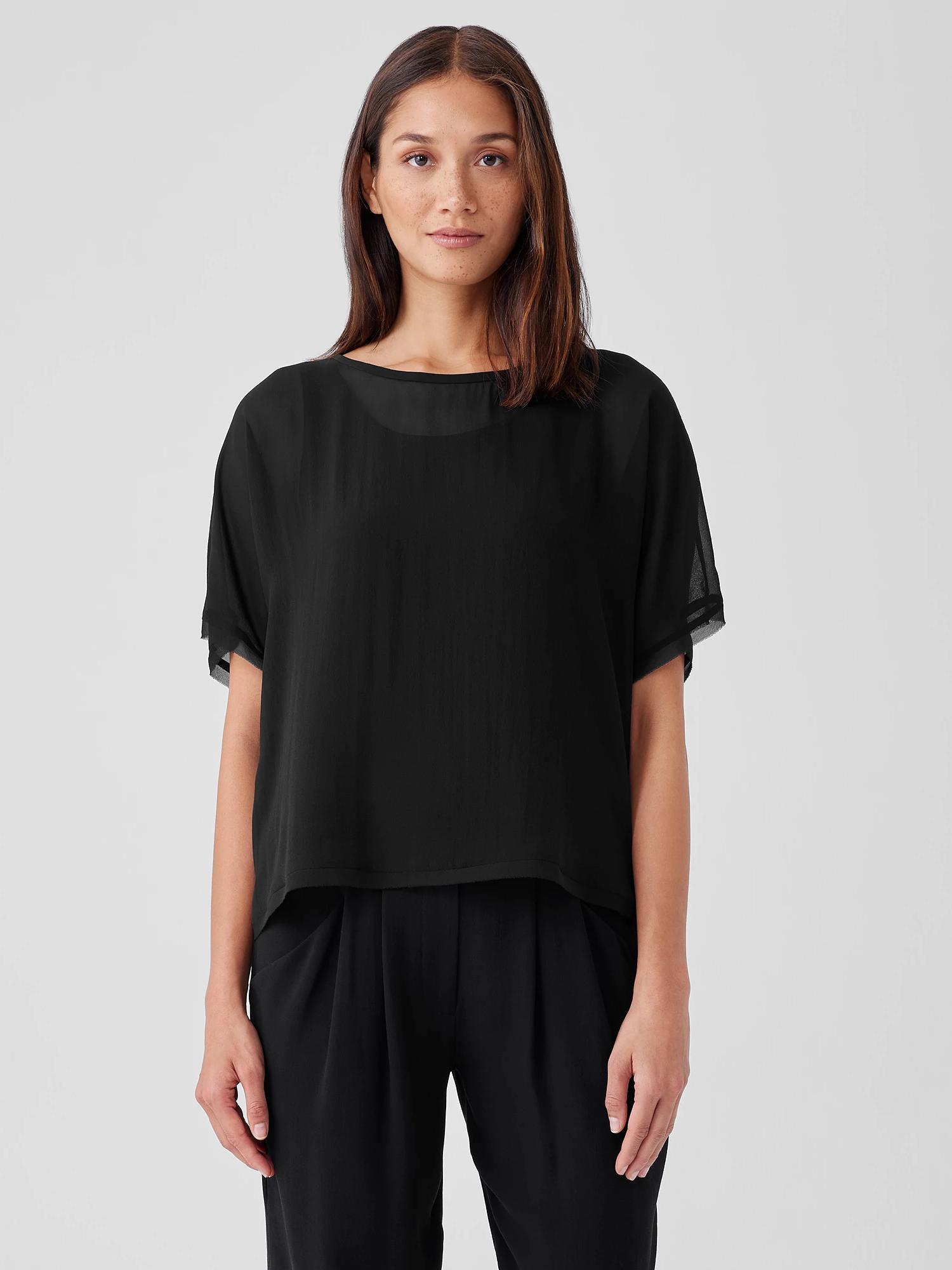 EILEEN FISHER Sheer Silk Georgette Ballet Neck Topfemale Product Image