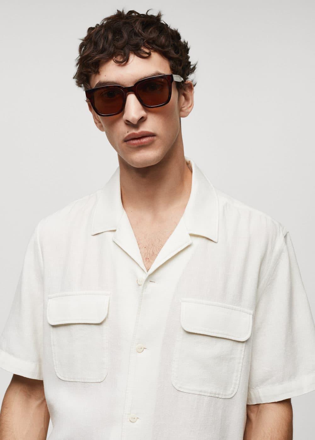 MANGO MAN - Linen shirt with bowling collar and pockets whiteMen Product Image