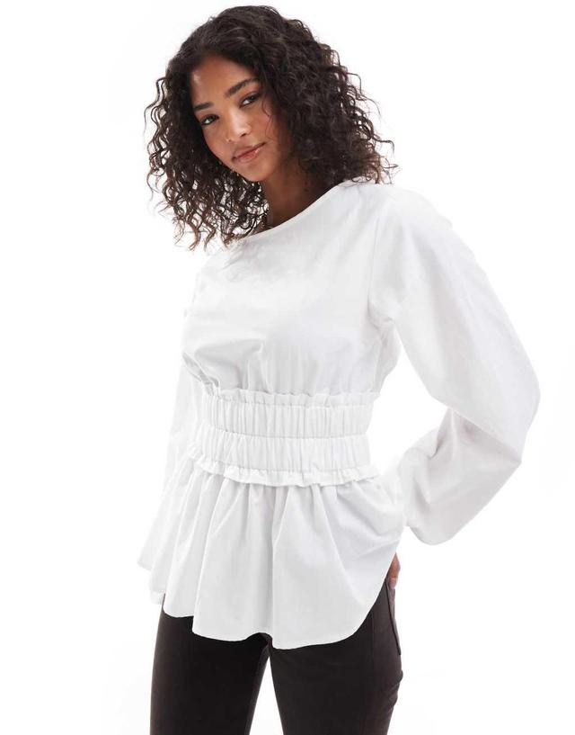 ASOS DESIGN elasticated waist blouson sleeve blouse in white Product Image