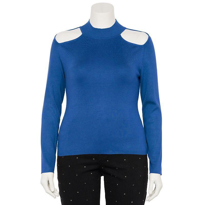 Plus Size INTEMPO Mock Neck Cold Shoulder Cutout Long Sleeve Top, Womens Med Blue Product Image