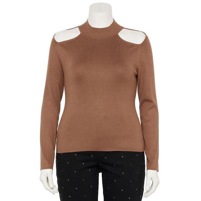 Plus Size INTEMPO Mock Neck Cold Shoulder Cutout Long Sleeve Top, Womens Lt Brown Product Image